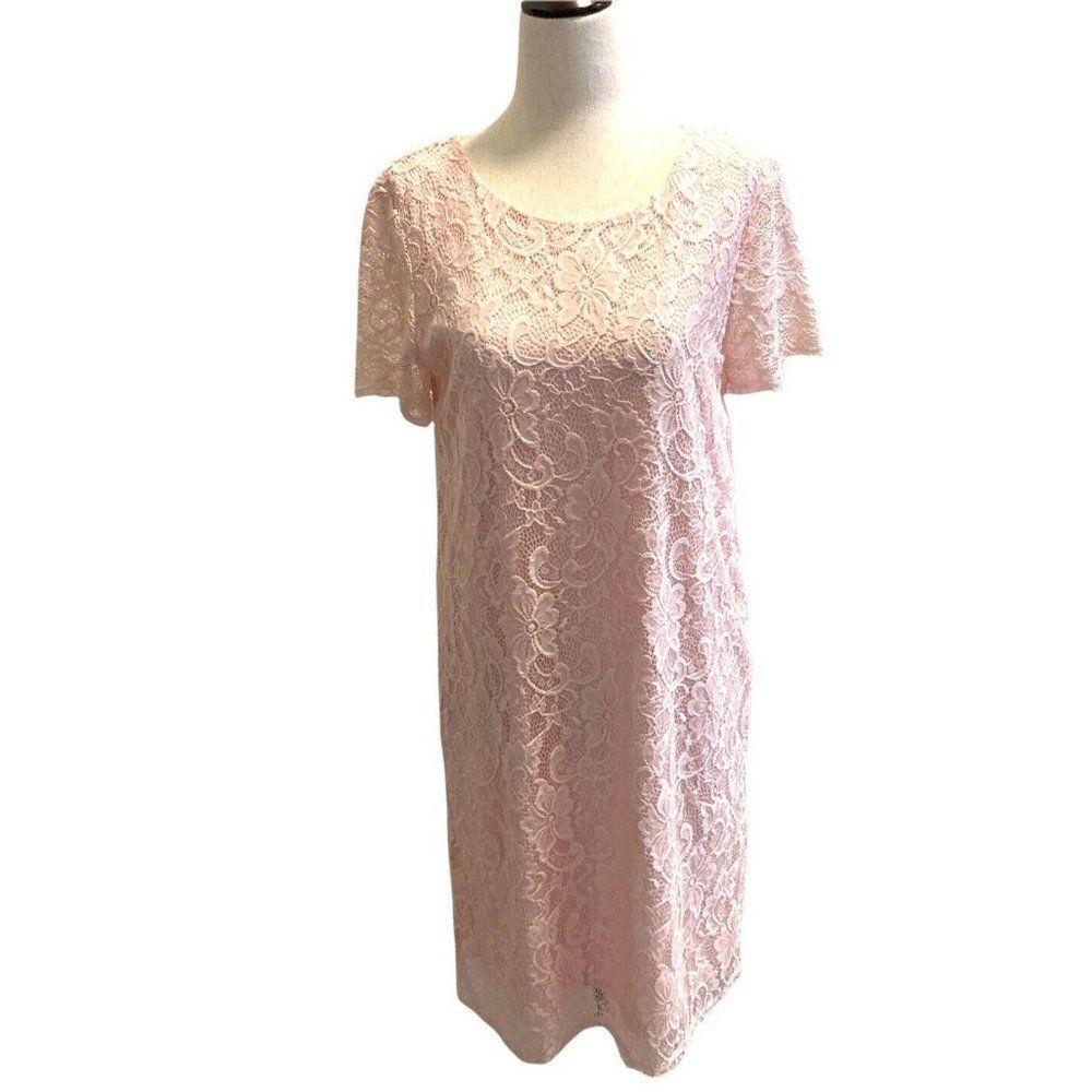 Juicy Couture Shift Dress Size Medium Pink Lace Short Sleeve Lined Stretchy